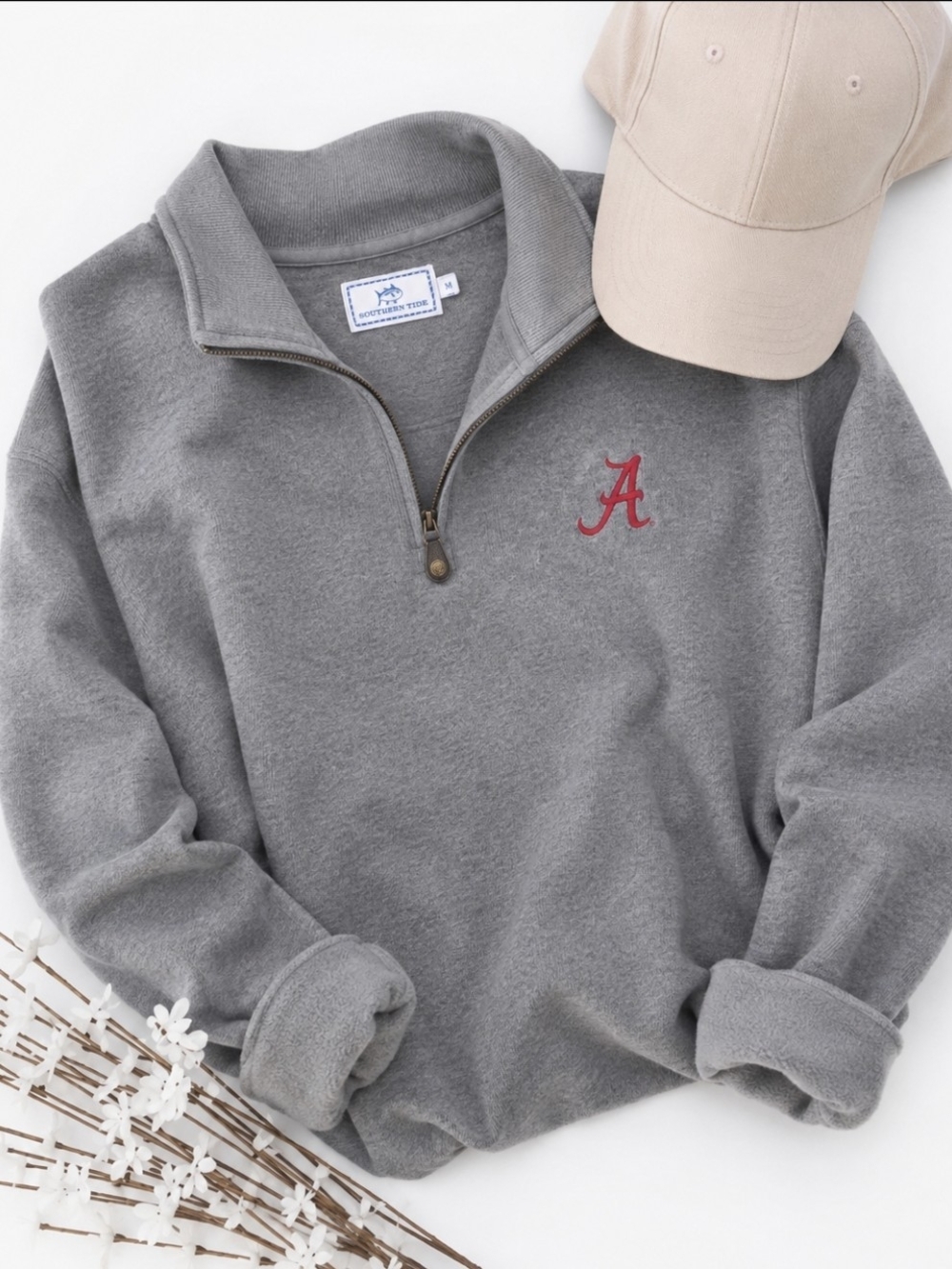 Southern Tide Gray Quarter-Zip Pullover with Red 'A' Embroidery